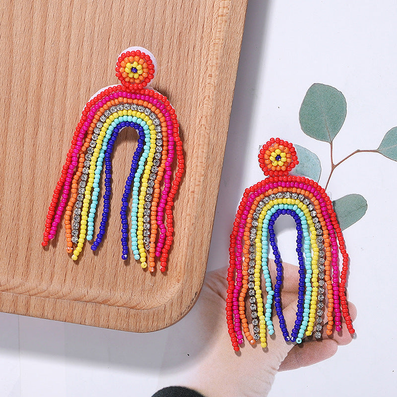 Handmade Beaded Rainbow Tassel Earrings