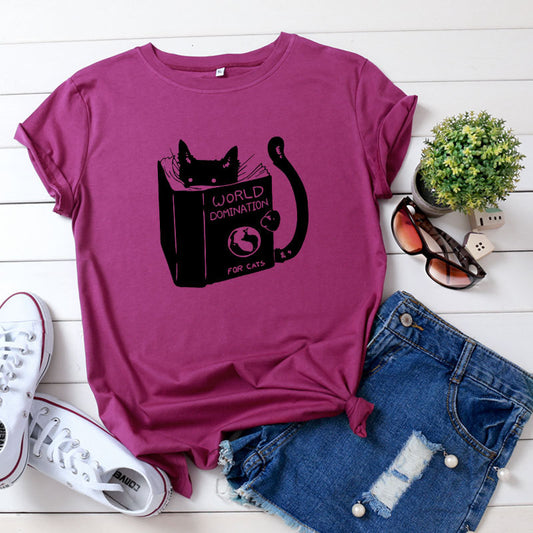 Reading Cat Print T-shirt