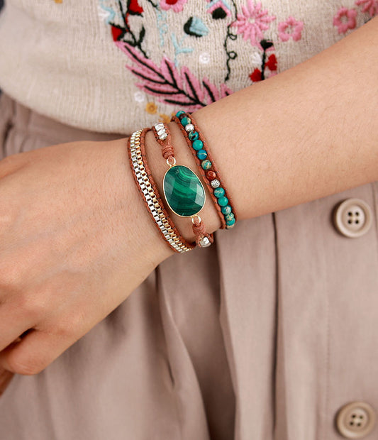 Layered Malachite Leather Bracelet
