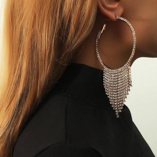 Rhinestone Tassel Hoop Earrings