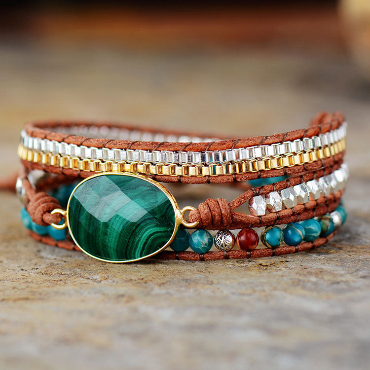 Layered Malachite Leather Bracelet