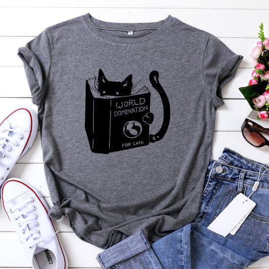 Reading Cat Print T-shirt