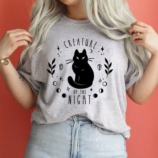 Black Cat Creature Of The Night Print T-Shirt