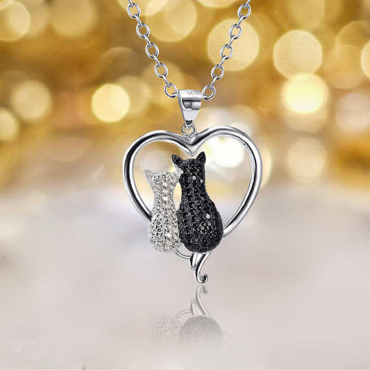 Cute Black & White Love Cats/Heart Pendant Necklace