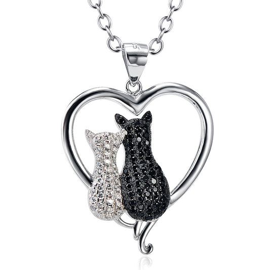 Cute Black & White Love Cats/Heart Pendant Necklace