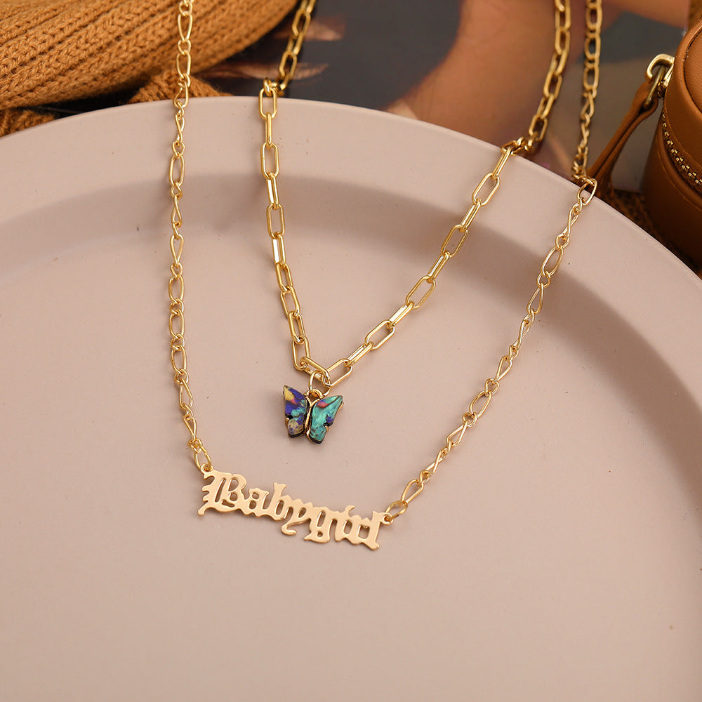 Double Layer Babygirl & Butterfly Pendant Necklace