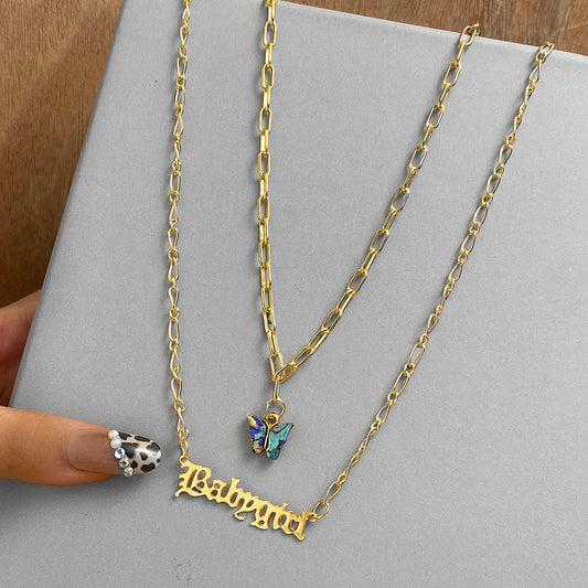 Double Layer Babygirl & Butterfly Pendant Necklace