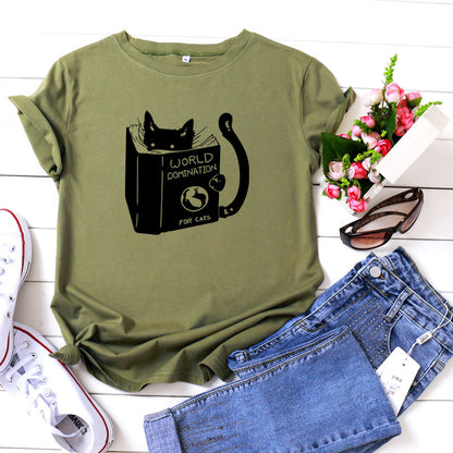Reading Cat Print T-shirt