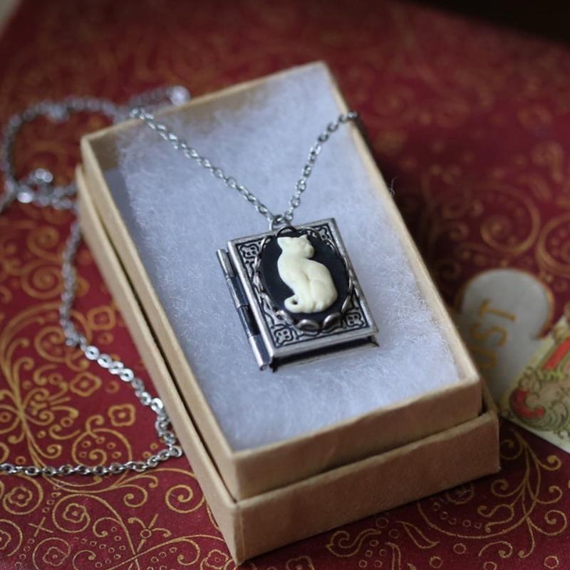Embossed Cat Book Pendant Necklace