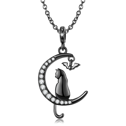 Moon Cat and Bat Necklace