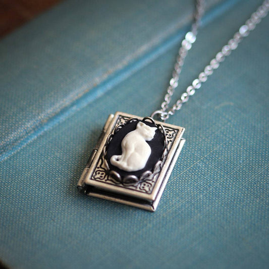 Embossed Cat Book Pendant Necklace