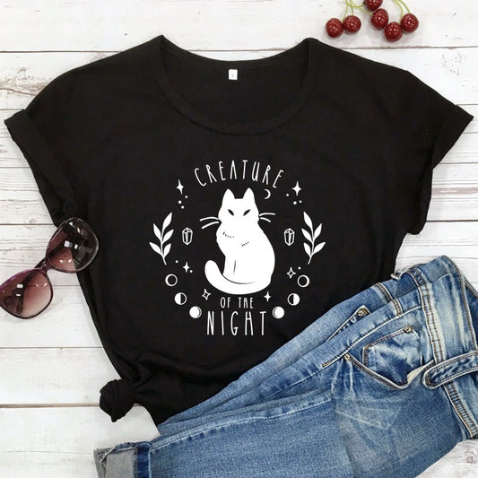 Black Cat Creature Of The Night Print T-Shirt