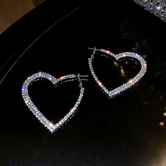 Silver Hollow Rhinestone Heart Earrings