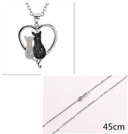 Cute Black & White Love Cats/Heart Pendant Necklace