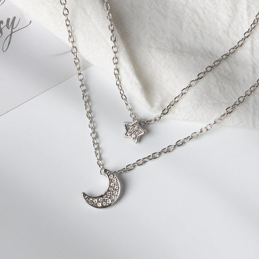 Double Layered Crescent Moon & Star Rhinestone Necklace