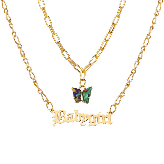 Double Layer Babygirl & Butterfly Pendant Necklace